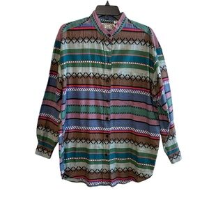 Vintage Angelique Size Medium Multicolor Striped Southwestern Aztec Button Up